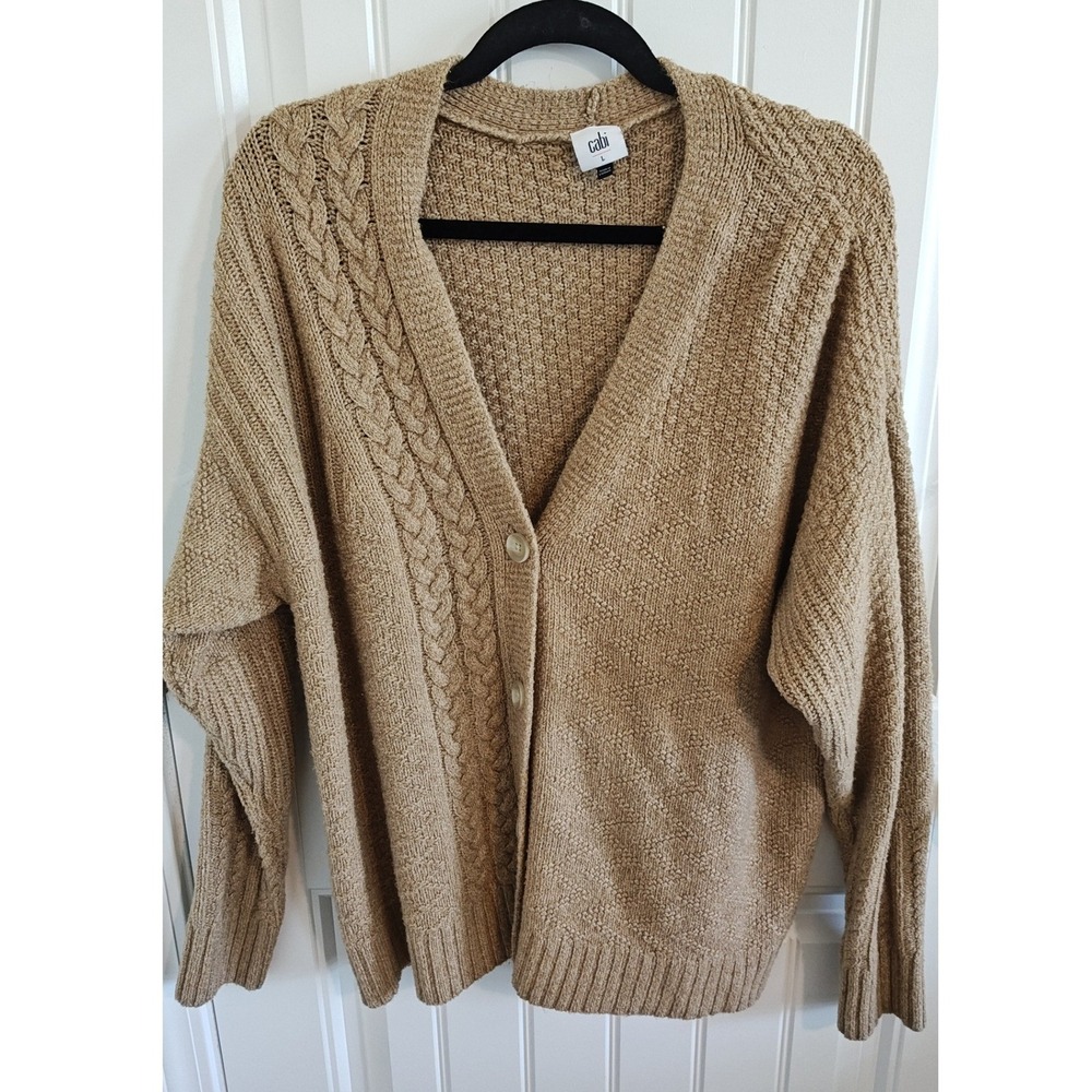 Cabi Women Camel Tan Mixed Cable Knit Button Front V-Neck Cardigan Sweater Large